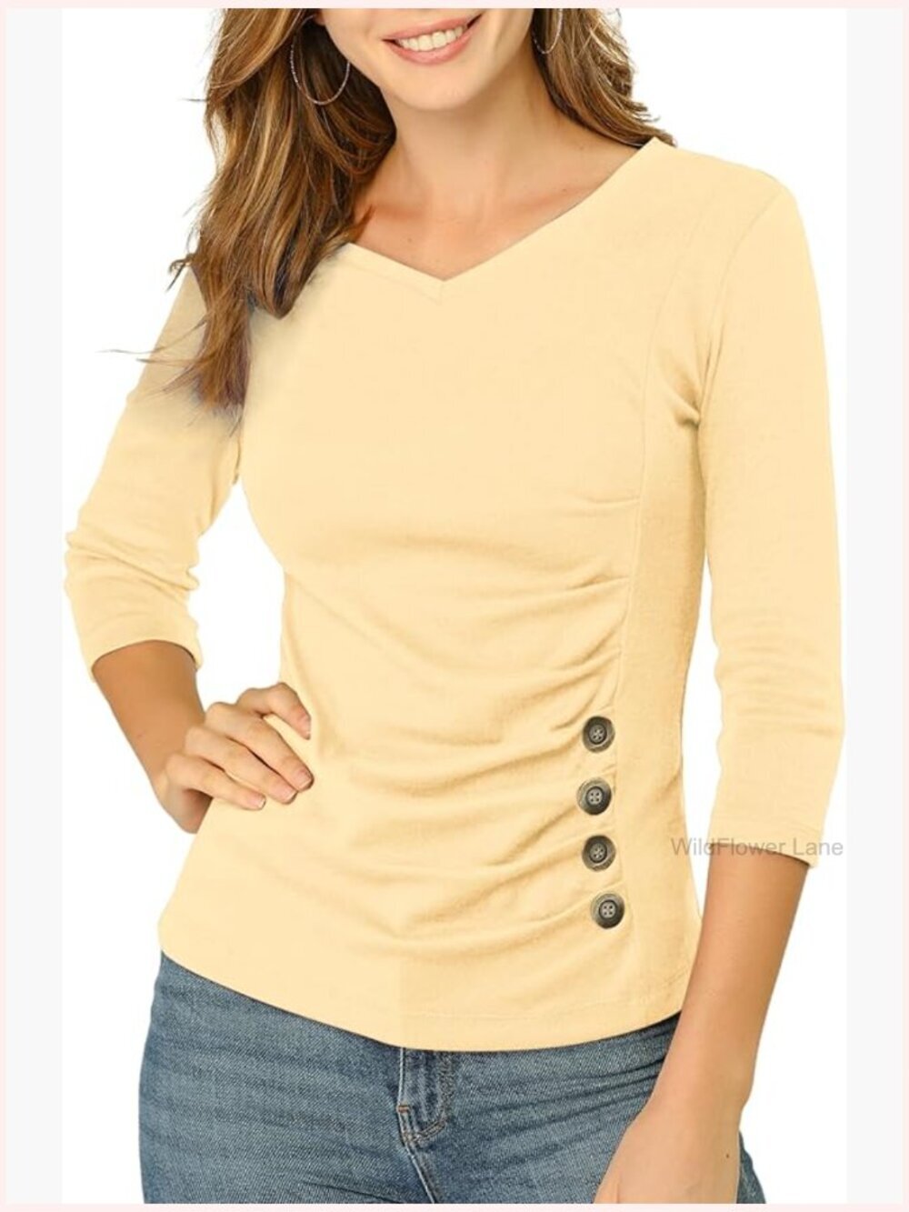 V Neck 3/4 Sleeve Ruched Button Blouse Tunic Top